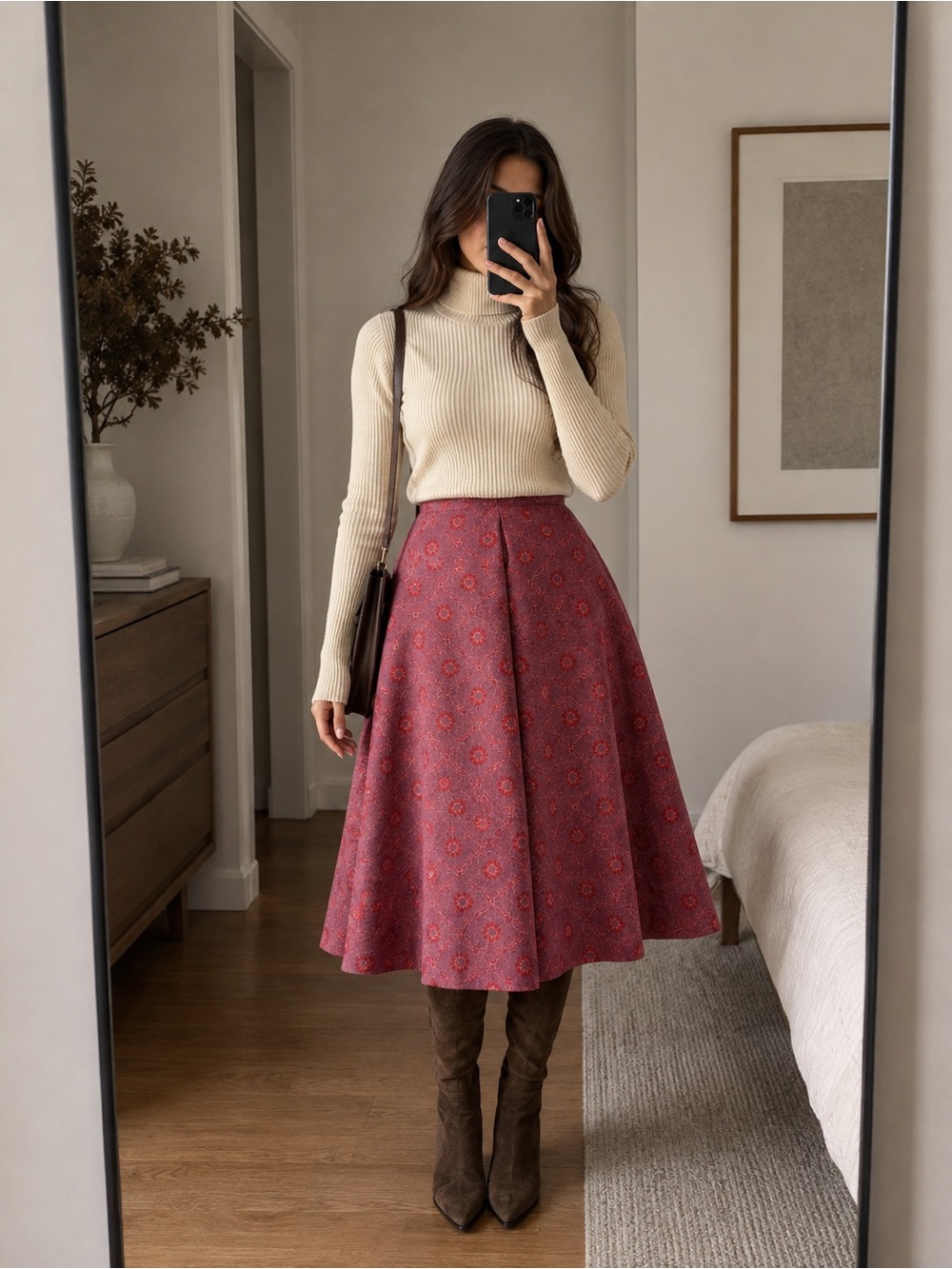H&M Red Orange Jacquard Floral A-Line Midi Skirt Tailored Structured Fit XS